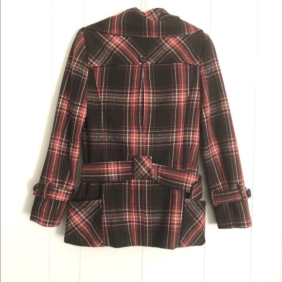 Moda brown red wool plaid preppy academia 70s 60s retro belted peacoat XS - Picture 4 of 7